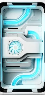 Futuristic tech circuit with glowing blue tubes.