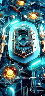 Futuristic circuit board wallpaper with blue and orange hues.