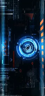 Futuristic tech circuit wallpaper with neon lights and digital elements.