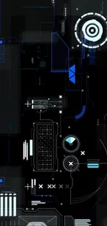 Futuristic tech circuit design wallpaper in black and blue.