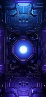 Futuristic digital circuit board wallpaper in blue and purple.