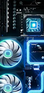 Futuristic tech circuit board wallpaper with neon blue elements.