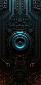 Futuristic tech circuit board wallpaper with glowing elements.