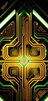 Futuristic tech circuit wallpaper with glowing green and yellow lines.