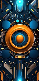 Futuristic circuit design with glowing blue and orange on a mobile wallpaper.