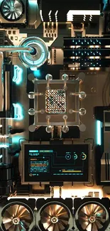 Futuristic tech circuit with glowing elements and intricate design.