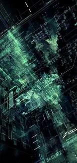 Futuristic circuit tech design wallpaper with dark and luminous green elements.