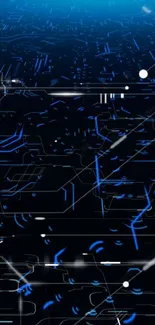 Futuristic blue circuit board wallpaper with glowing tech design.