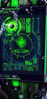 Futuristic circuit wallpaper with green tech display.