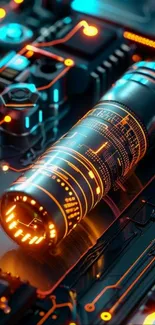 Futuristic tech circuitry with glowing orange accents.