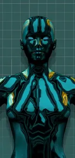 Futuristic metallic humanoid with glowing patterns on a teal grid background.