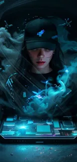 Futuristic digital art featuring a woman immersed in technology.