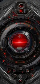 Futuristic mechanical eye with red highlights.
