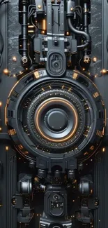 Futuristic gear design with glowing elements on black background.