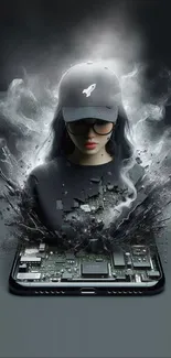 Futuristic girl emerging from smartphone with digital smoke effect.