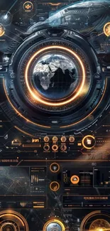 Futuristic globe interface with tech elements in dark tones.