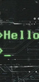 Futuristic tech wallpaper with glowing 'Hello' on dark background.