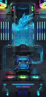 Futuristic GPU featuring neon blue and colorful lights.