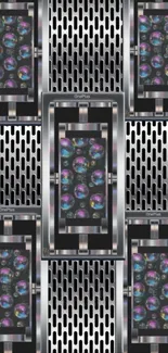 Futuristic metallic grid wallpaper with colorful orbs.