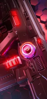 Futuristic neon tech gun with red glow.