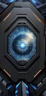 Futuristic tech hub wallpaper with digital core and blue accents.