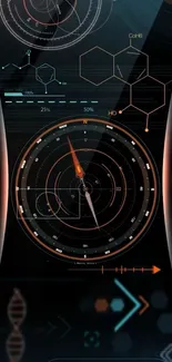 Futuristic tech HUD with abstract design and scientific elements.