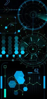 Futuristic tech interface with holographic design on black background.