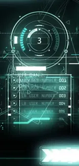 Futuristic teal and black HUD interface wallpaper for mobile phones.