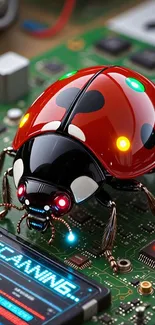 Robotic ladybug on a circuit board, glowing lights.