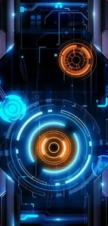 Futuristic tech mobile wallpaper with neon blue and orange circles.