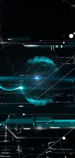 Futuristic digital wallpaper with glowing cyan elements on a tech background.