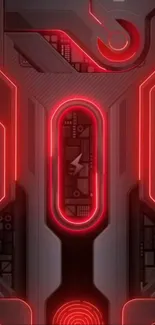 Futuristic mobile wallpaper with red neon lights and circuit design.