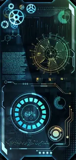 Futuristic phone wallpaper with digital gears and circuits.