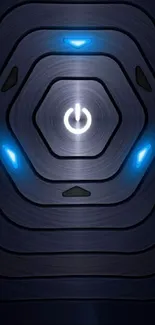 Futuristic tech-themed phone wallpaper with glowing blue power button.