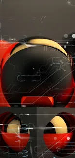 Futuristic wallpaper with red, black, and yellow spheres in a tech design.