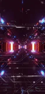 Futuristic neon-lit tech tunnel wallpaper with dynamic digital patterns.