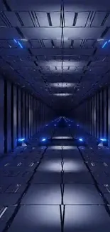 Futuristic tech tunnel with blue lighting and metallic tones.