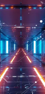 Futuristic tech tunnel with neon lights and digital effects.