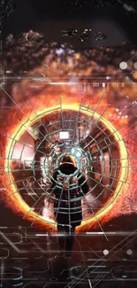 Futuristic vortex with fiery digital accents on wallpaper.