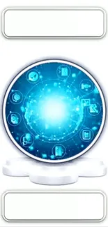 Futuristic sphere with glowing icons on white background.