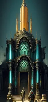 Futuristic temple artwork wallpaper with glowing details.