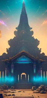 Futuristic temple under cosmic sky with neon glow.