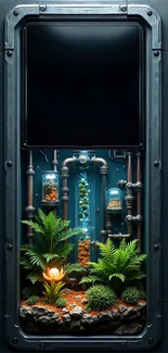 Futuristic terrarium art wallpaper with plants and glass tubes.