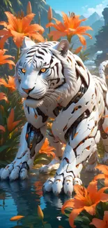 Cybernetic white tiger surrounded by orange flowers in a jungle setting.