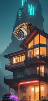 Futuristic neon house with tiger on roof, surrounded by mountains.