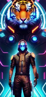 Neon cyberpunk artwork with tiger and futuristic character.