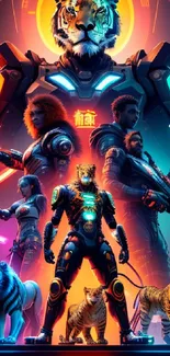 Futuristic neon wallpaper with robotic tigers and warriors in a sci-fi setting.