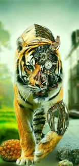 Biomechanical tiger on a city street wallpaper.