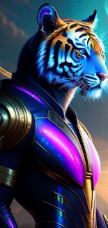 Futuristic tiger warrior on alien planet with vibrant colors.