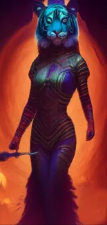 Futuristic tiger warrior holding a staff with vibrant orange background.